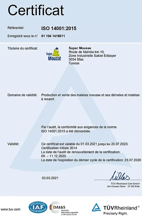 Certificat ISO 14001 : 2015