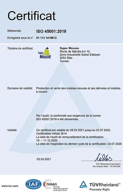 Certificat ISO 45001 : 2018